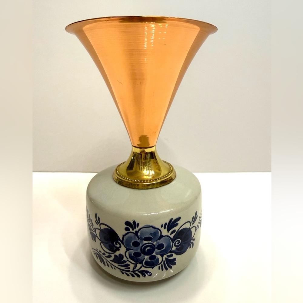 Hand-Painted Delftware Vase with Brass & Copper Trumpet Top – 6.5”
